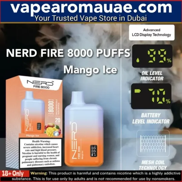 Mango Ice Nerd Fire 8000 Puffs Disposable Vape Bar- Dubai UAE